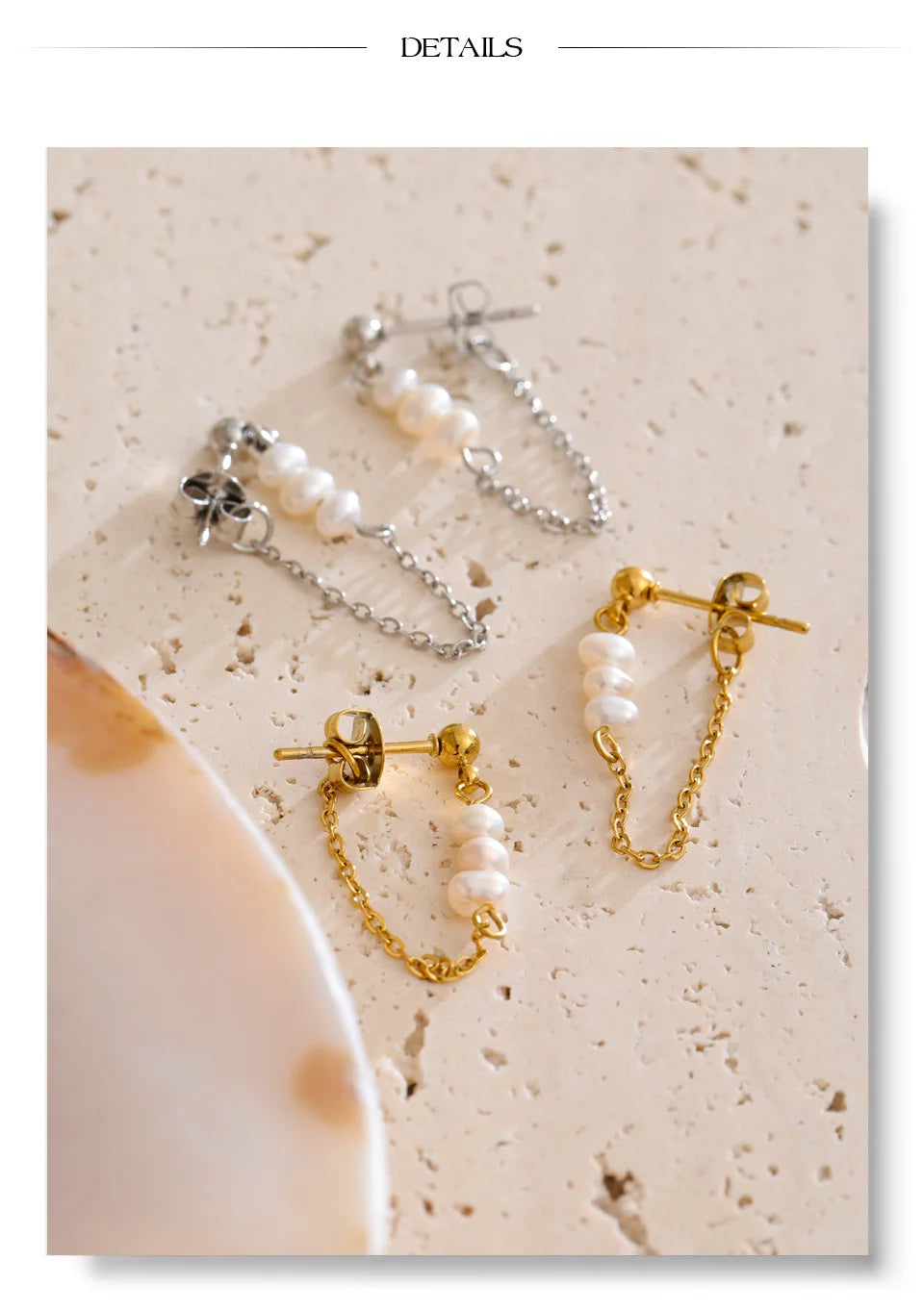 Freshwater pearl geometric chain earrings in gold-plated stainless steel with freshwater pearl.