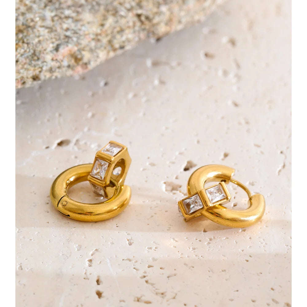 Cubic Zirconia Geometric Earrings — Gold-Plated Stainless Steel with Cubic Zirconia · PS1309