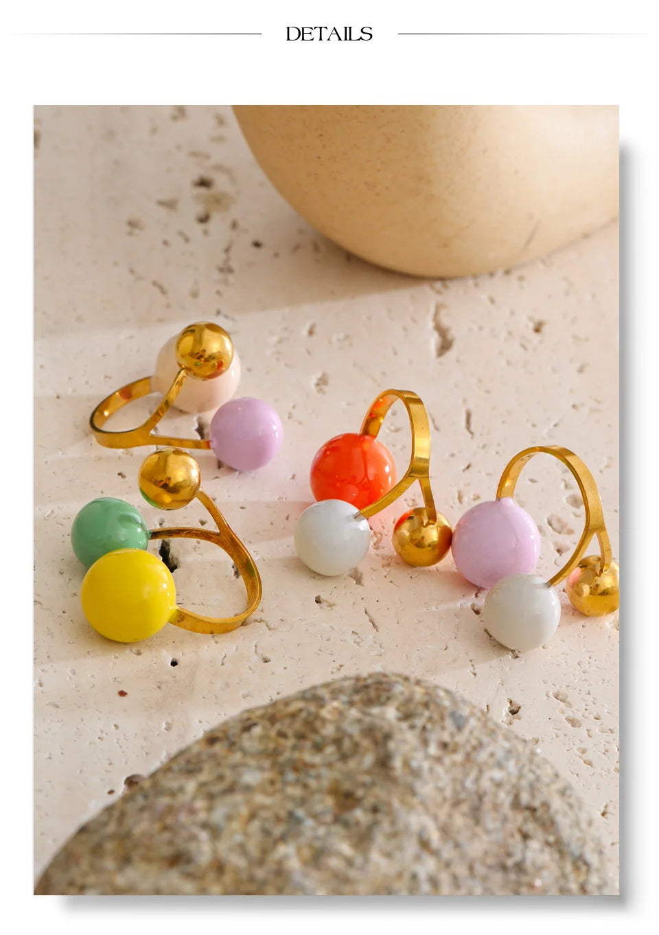 Enamel multi-color geometric ring in 18K gold-plated stainless steel with enamel.