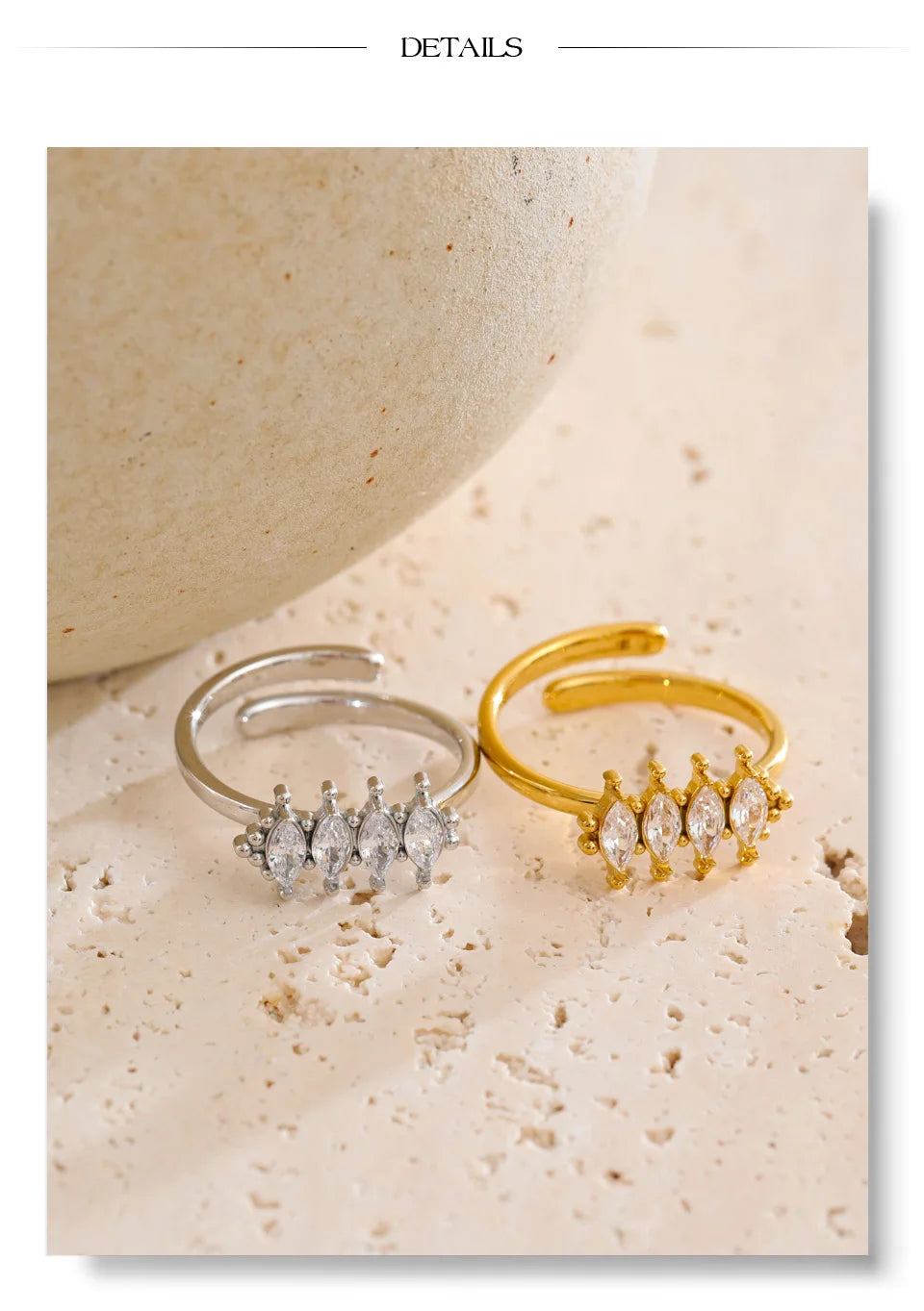 Cubic zirconia geometric ring in 18K gold-plated stainless steel with cubic zirconia.