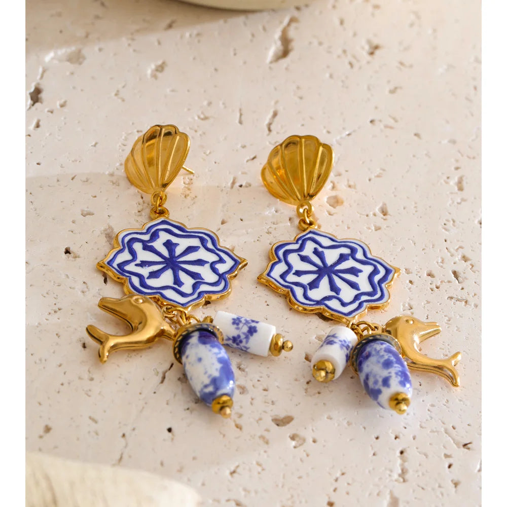 Blue shell enamel earrings in gold-plated stainless steel with shell and enamel.