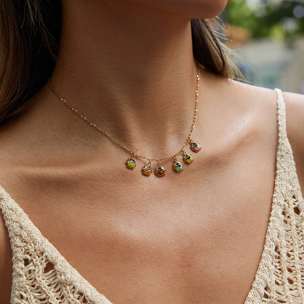 Green Stone Charm Necklace — Stainless Steel · PS179
