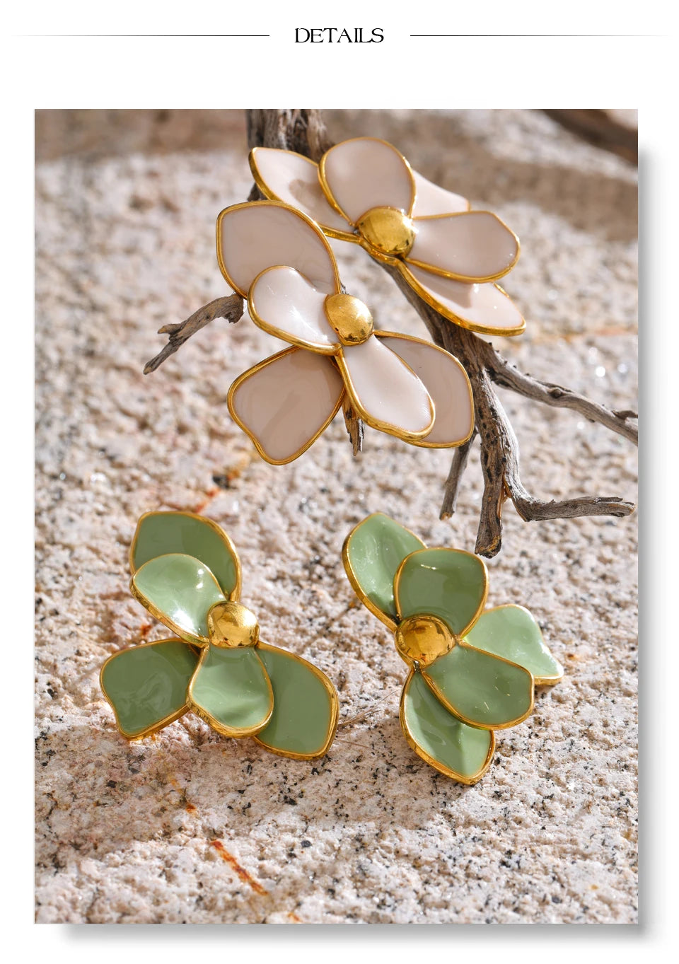 Green enamel flower earrings in gold-plated stainless steel with enamel.