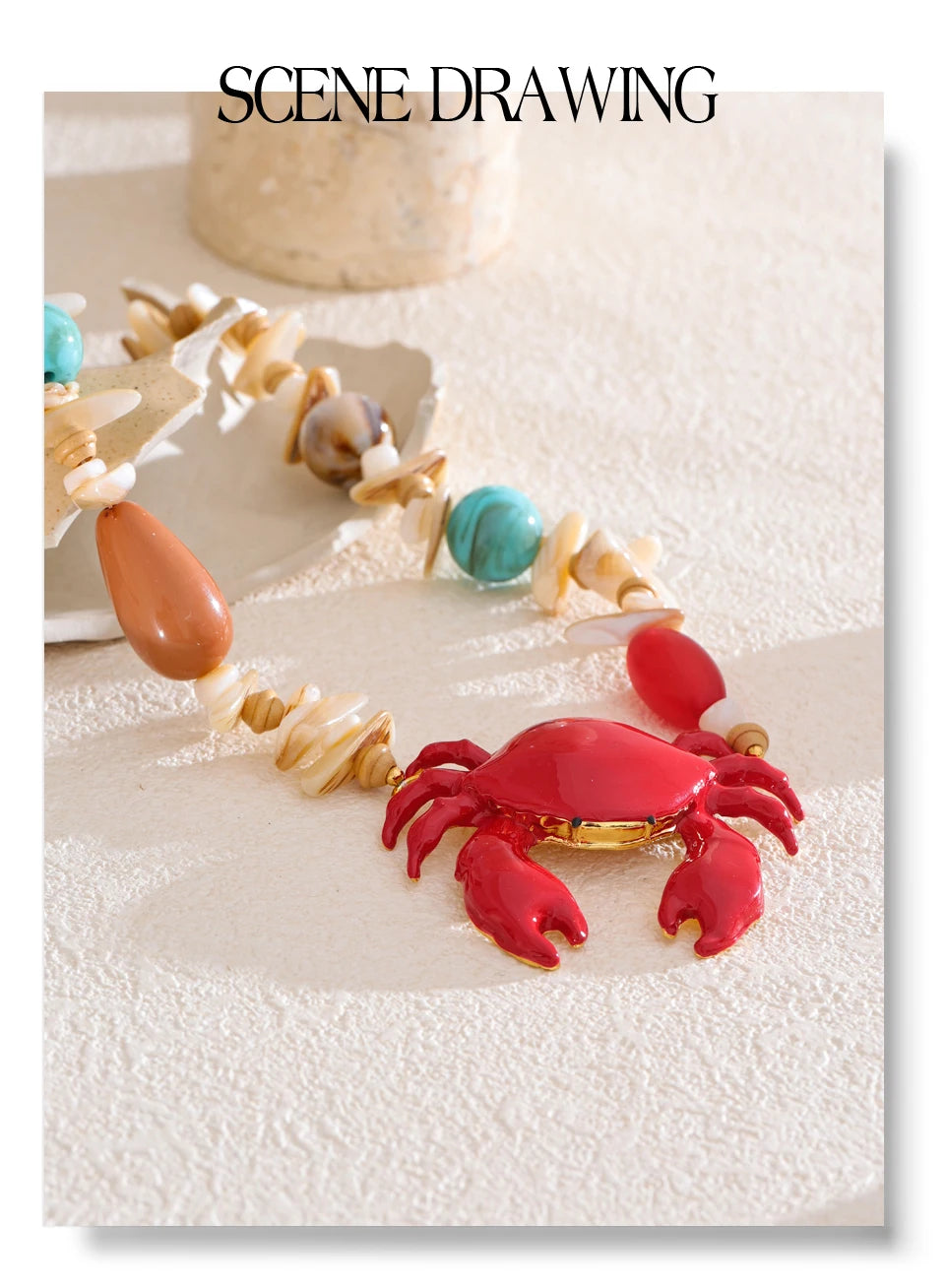 Red shell resin necklace in gold-plated stainless steel with natural stone and shell.
