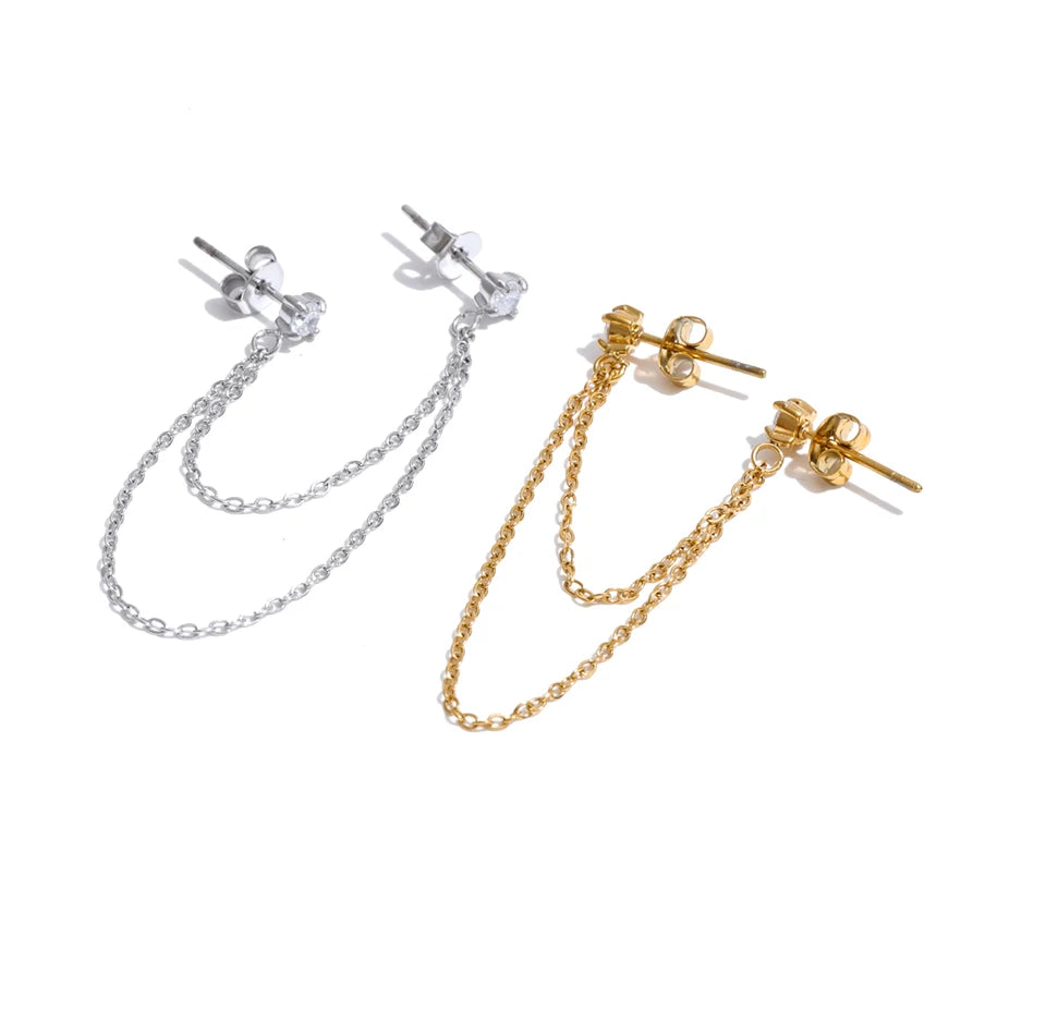 Cubic zirconia geometric chain earrings in gold-plated stainless steel with cubic zirconia.
