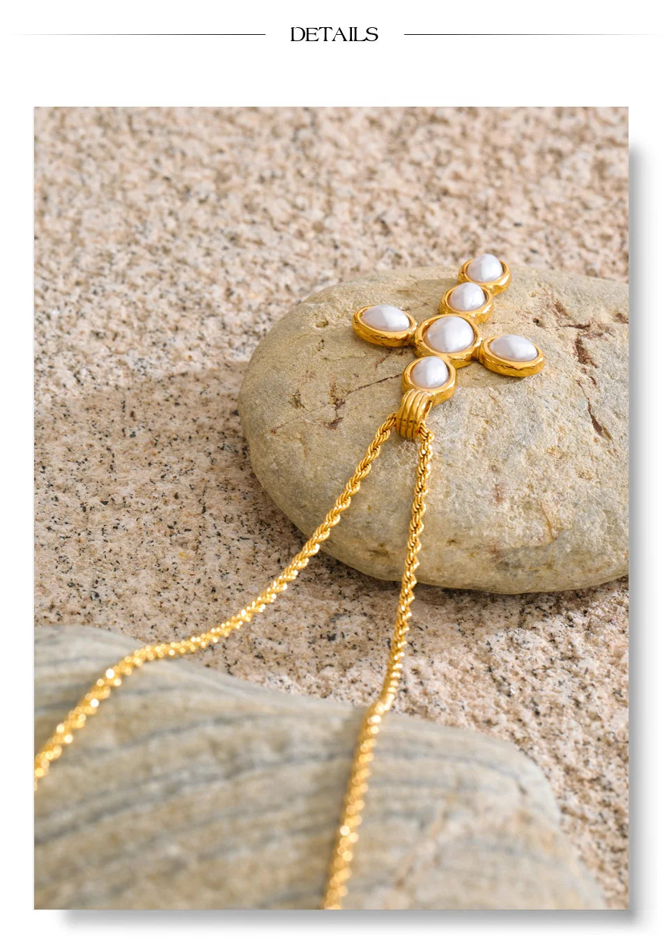 Pearl cross necklace in gold-plated stainless steel with pearl.