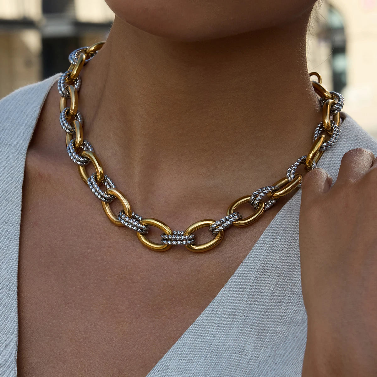 Two-Tone Chunky Chain Necklace — Stainless Steel · PS176