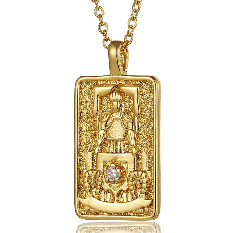 Zirconia Tarot Card Necklace Classic Tarot Queen Lover Magician Moon Wealth Amulet Stainless Steel Jewelry
