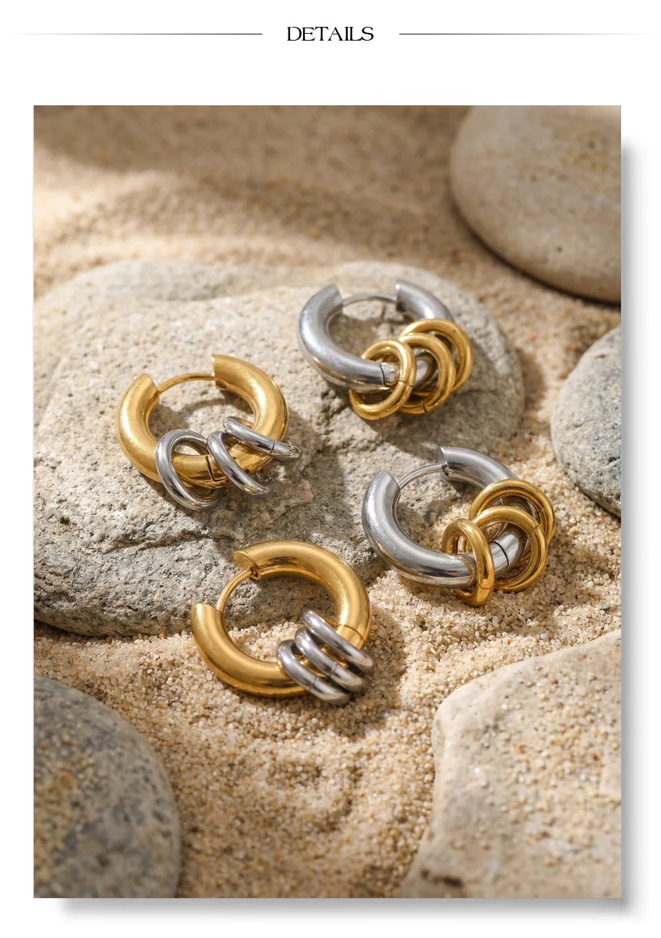Geometric layered earrings in gold-plated stainless steel.