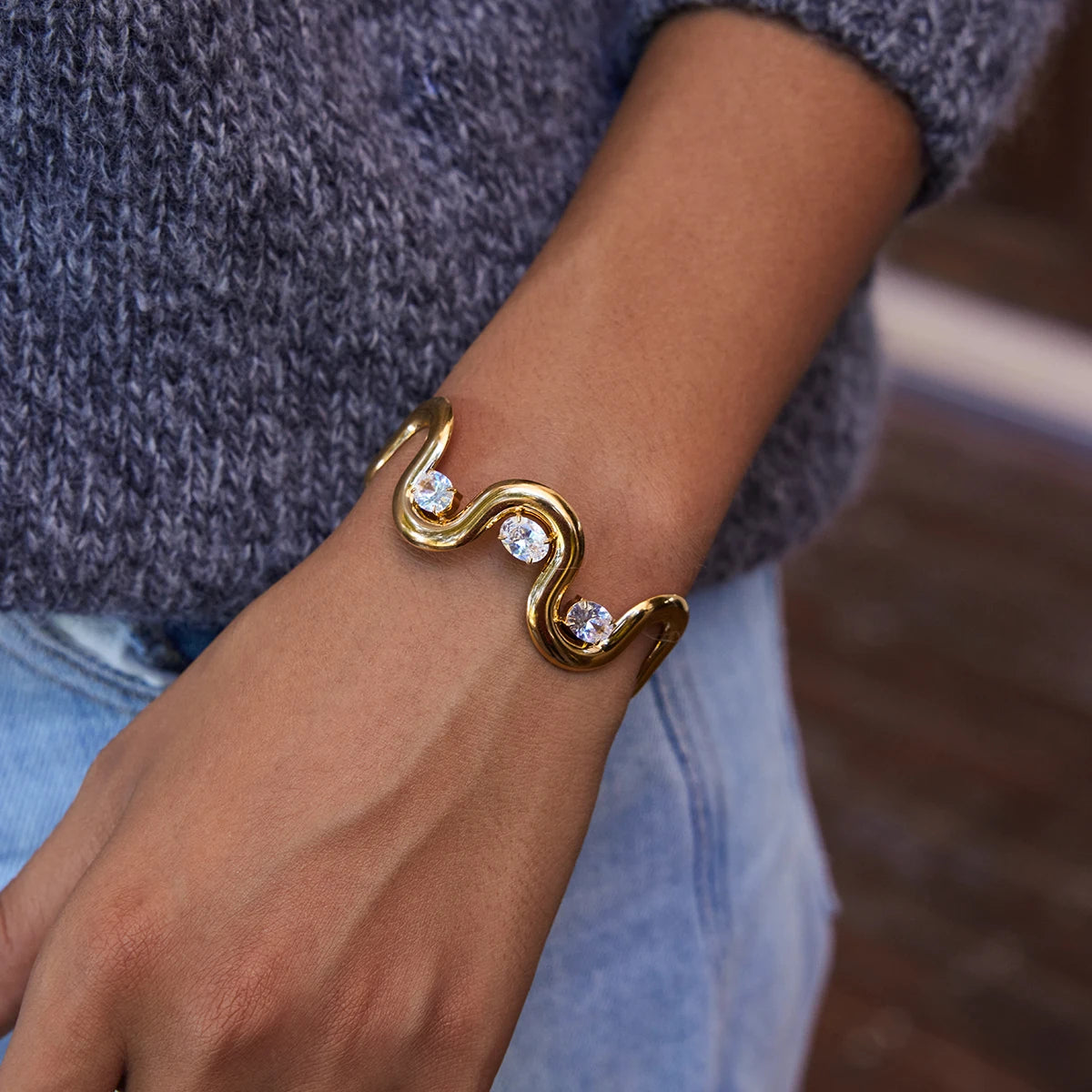 Wavy Crystal Cuff Bracelet — Stainless Steel · PS048