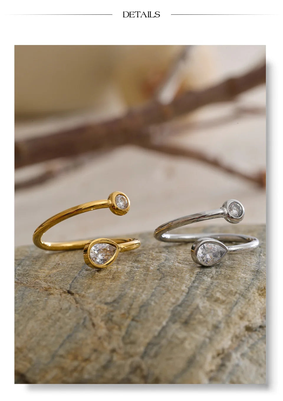 Cubic zirconia geometric ring in 18K gold-plated stainless steel with cubic zirconia.