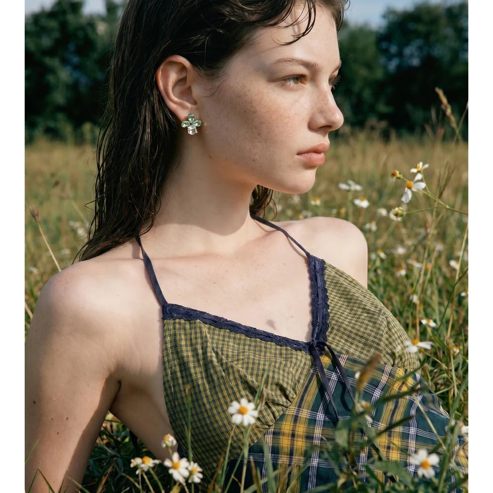 Crystal Flower Geometric Earrings — Gold-Plated Stainless Steel with Crystal · PS1534