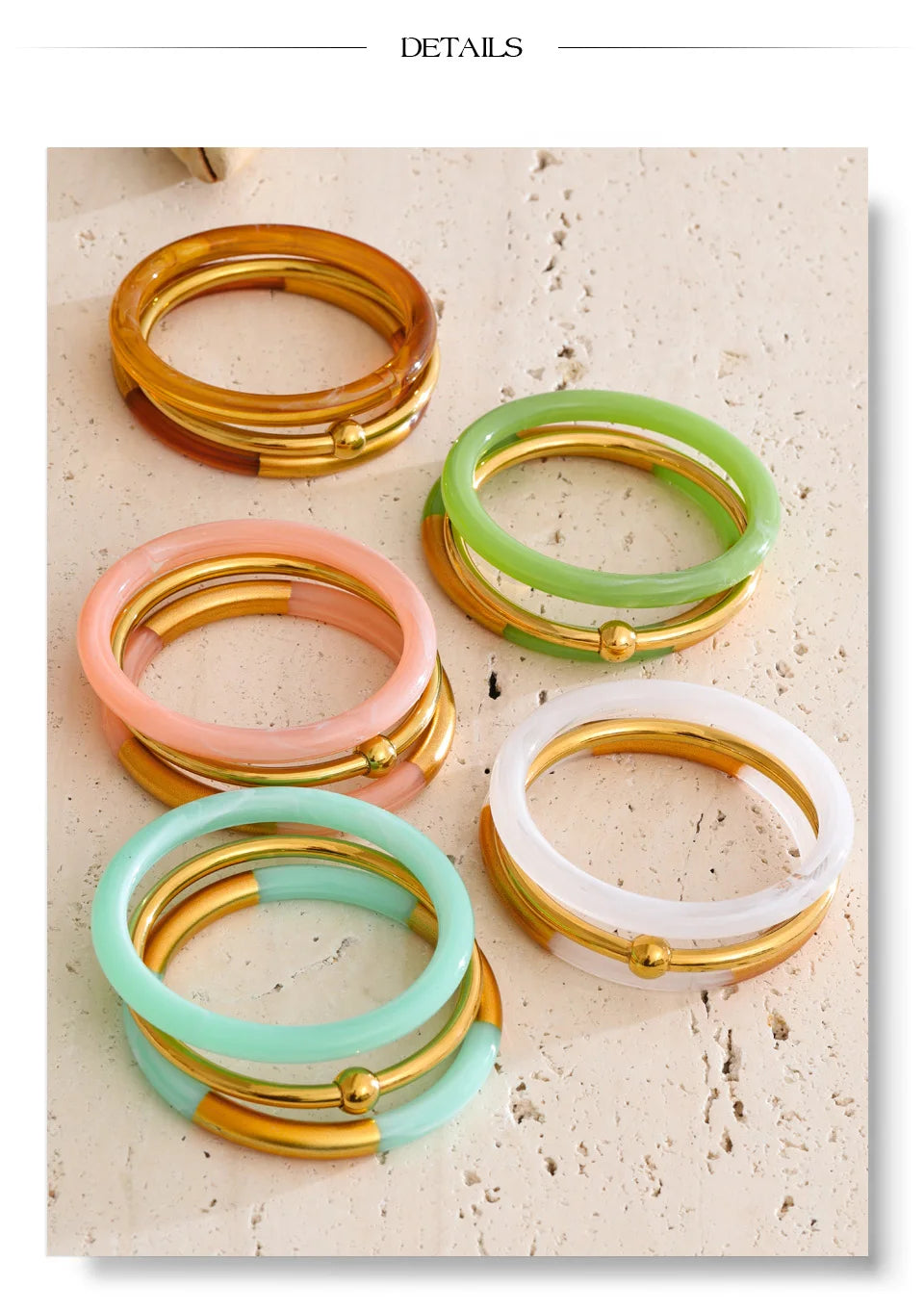 Resin acrylic multi-color bracelet in gold-plated stainless steel with resin and acrylic.