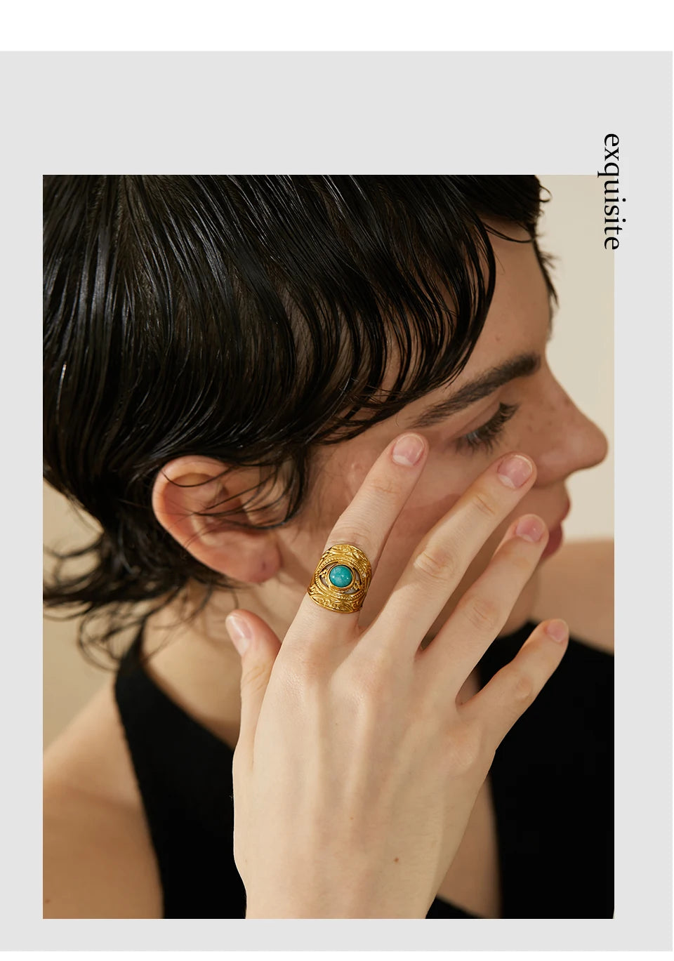 Red natural stone vintage ring in gold-plated stainless steel with natural stone.
