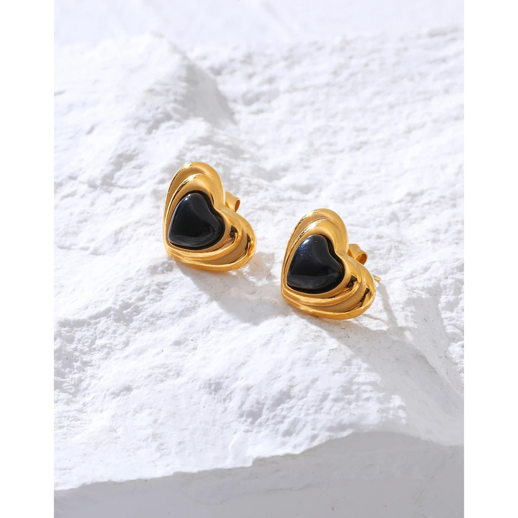 Stud Piercing Earrings Black Stone Heart — 316L Stainless Steel · PS453