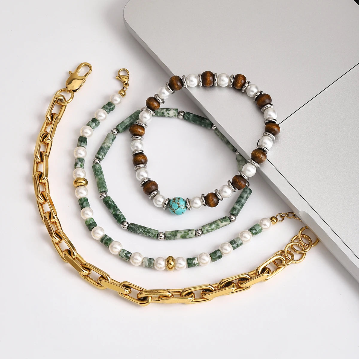 Green Bead Chain Bracelet Stack — Stainless Steel · PS016