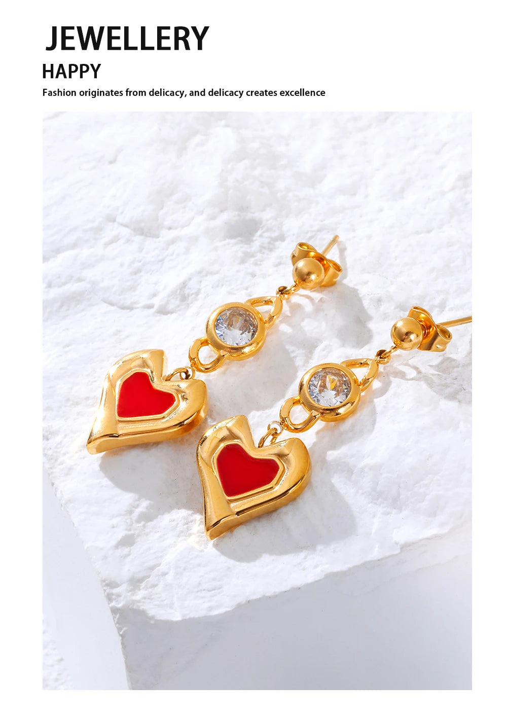 Drop Piercing Earrings Zircon Crystal Red Enamel — 316L Stainless Steel · PS425
