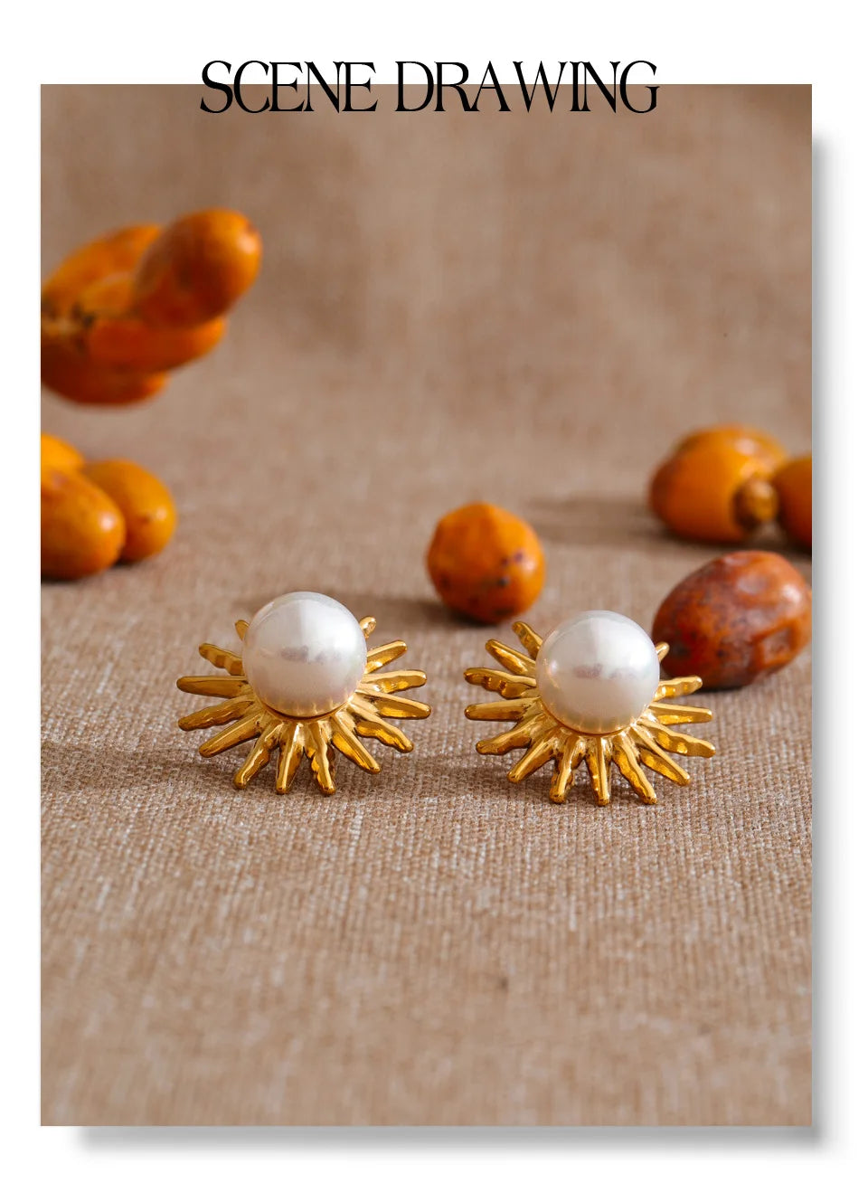 Pearl flower geometric earrings in gold-plated stainless steel with pearl.