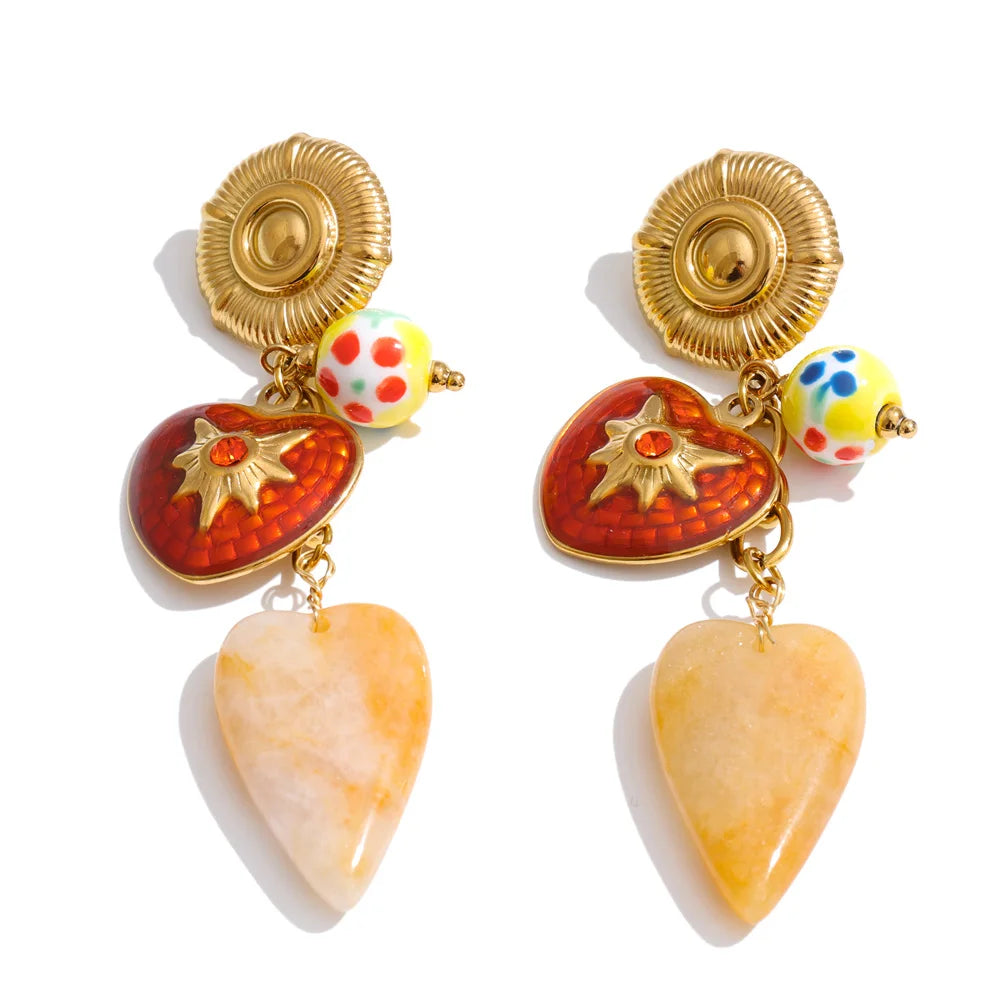 Enamel Natural Stone Heart Earrings — Gold-Plated Stainless Steel with Natural Stone and Enamel · PS1075