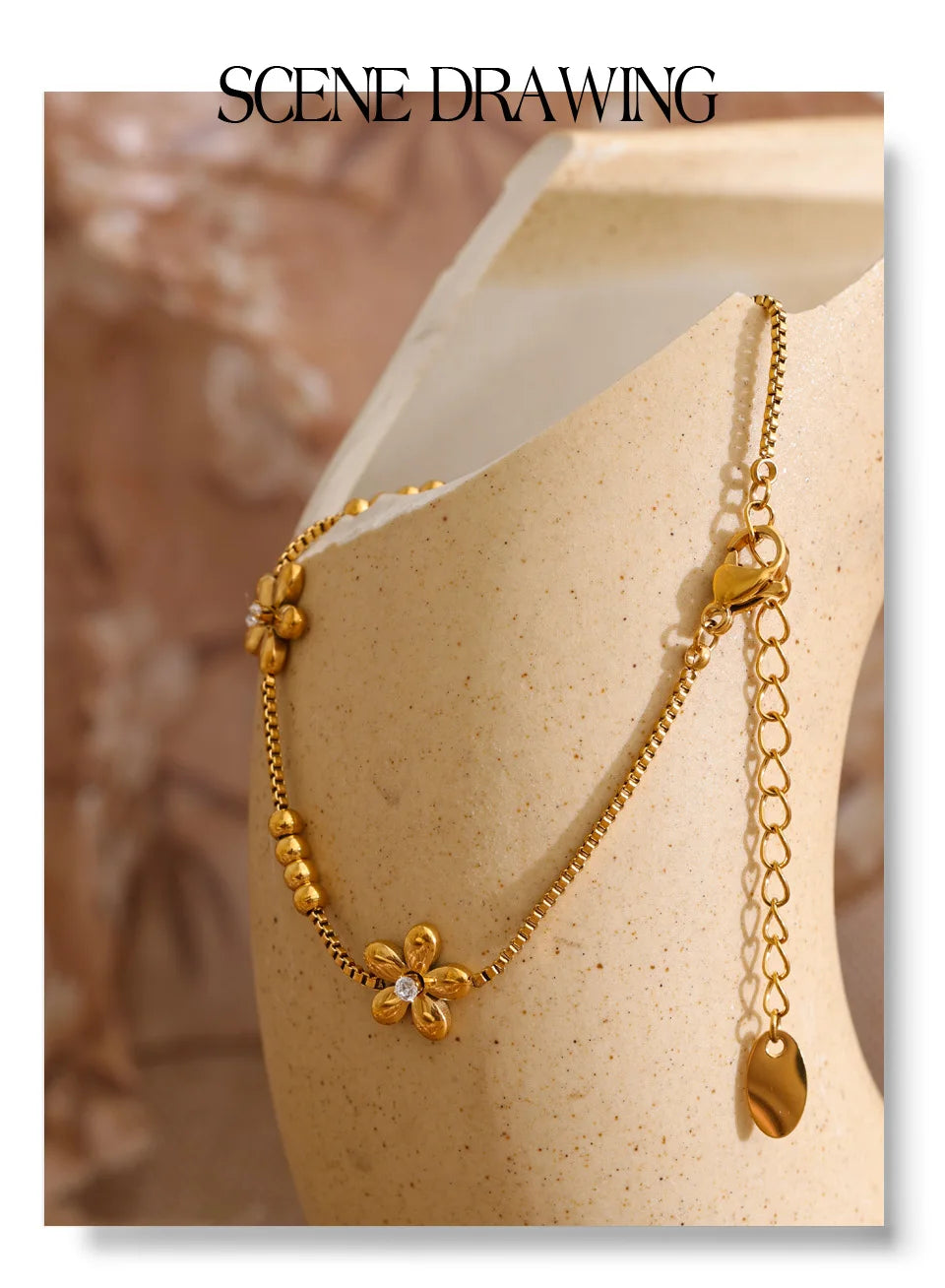 Cubic Zirconia Flower Geometric Bracelet — Gold-Plated Stainless Steel with Cubic Zirconia · PS1032