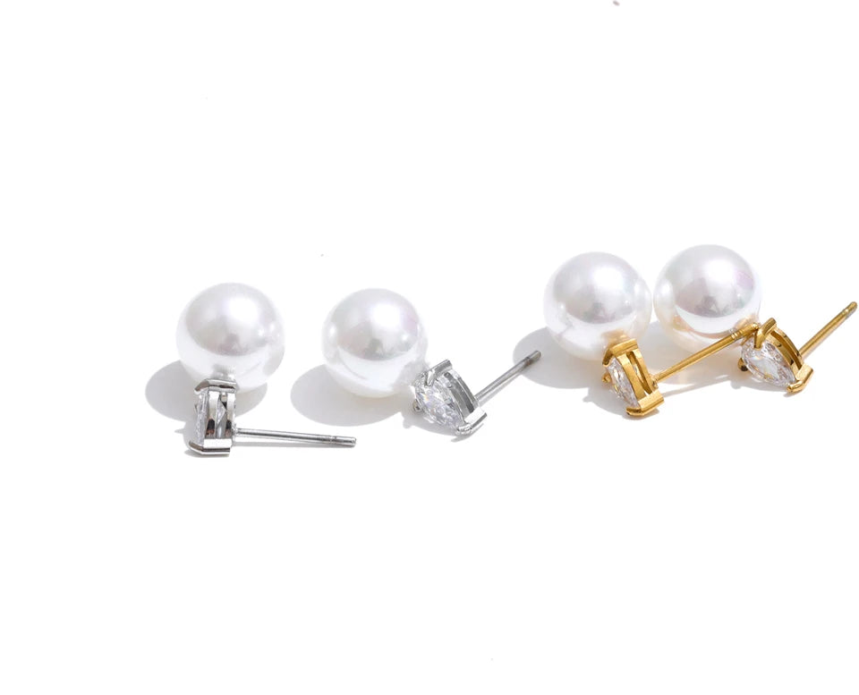 Cubic Zirconia Pearl Geometric Earrings — Gold-Plated Stainless Steel with Pearl and Cubic Zirconia · PS2093