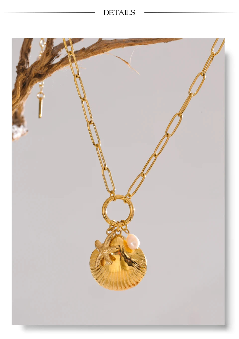Freshwater Pearl Shell Star Necklace — Gold-Plated Stainless Steel with Freshwater Pearl and Shell · PS2305