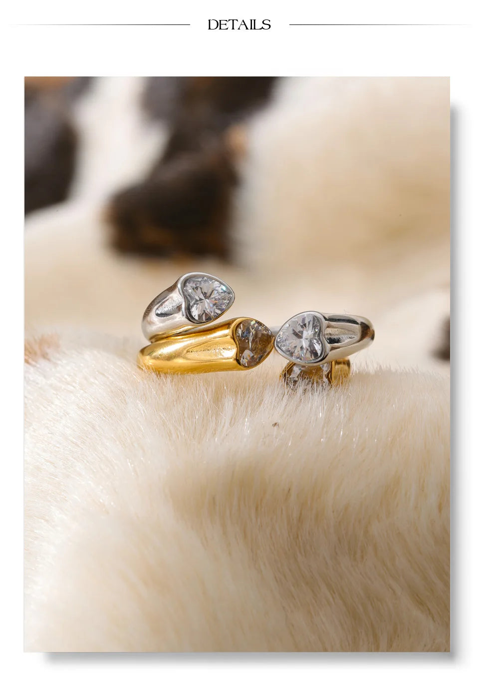 Cubic zirconia heart ring in 18K gold-plated stainless steel with cubic zirconia.