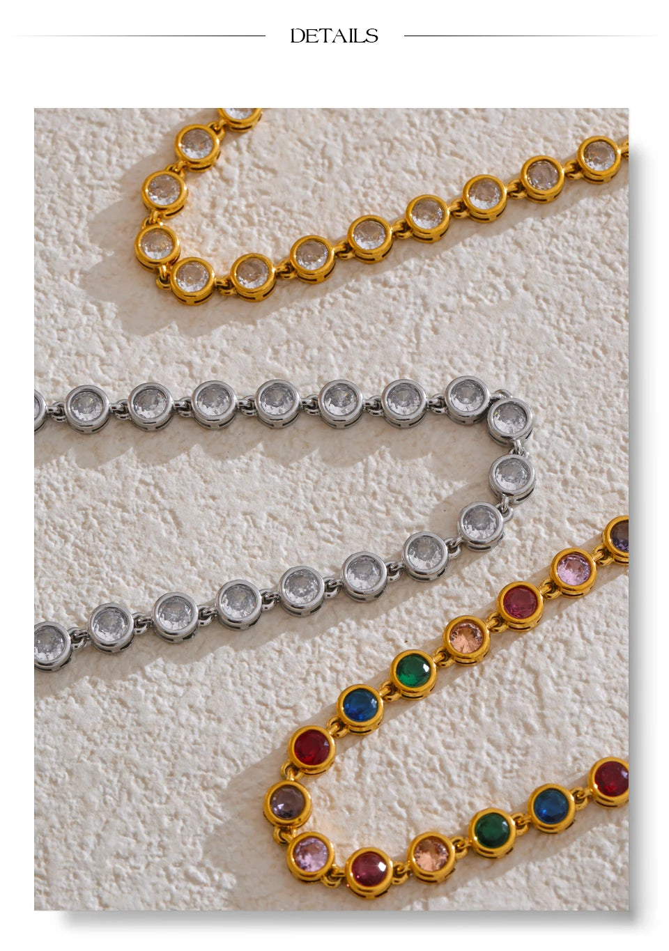 Cubic zirconia multi-color geometric necklace in gold-plated stainless steel with cubic zirconia.