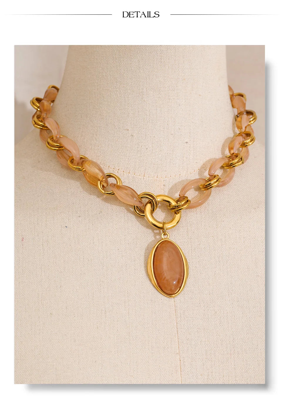 Resin acrylic geometric necklace in gold-plated stainless steel with resin and acrylic.