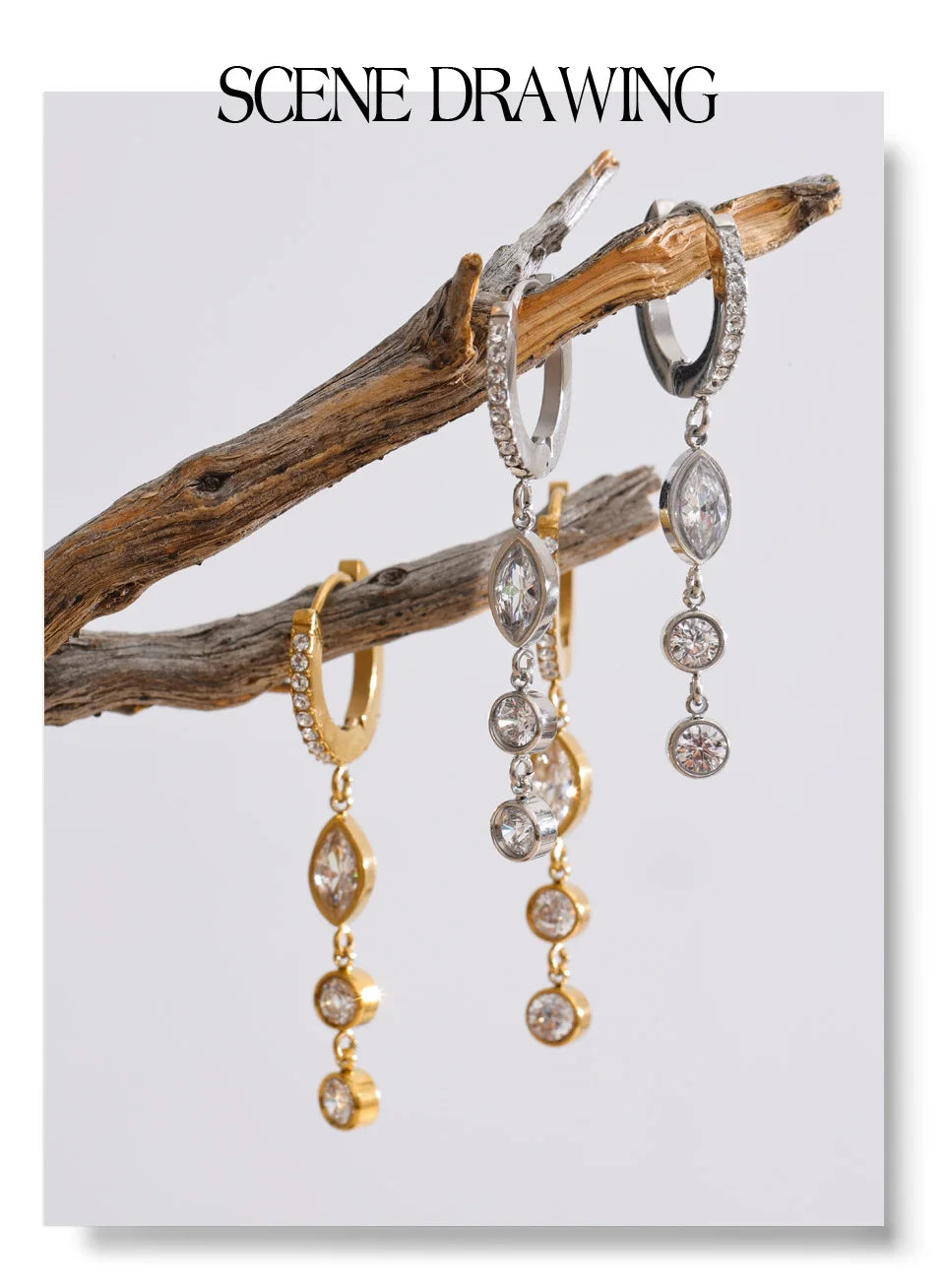Cubic zirconia geometric chain earrings in gold-plated stainless steel with cubic zirconia.
