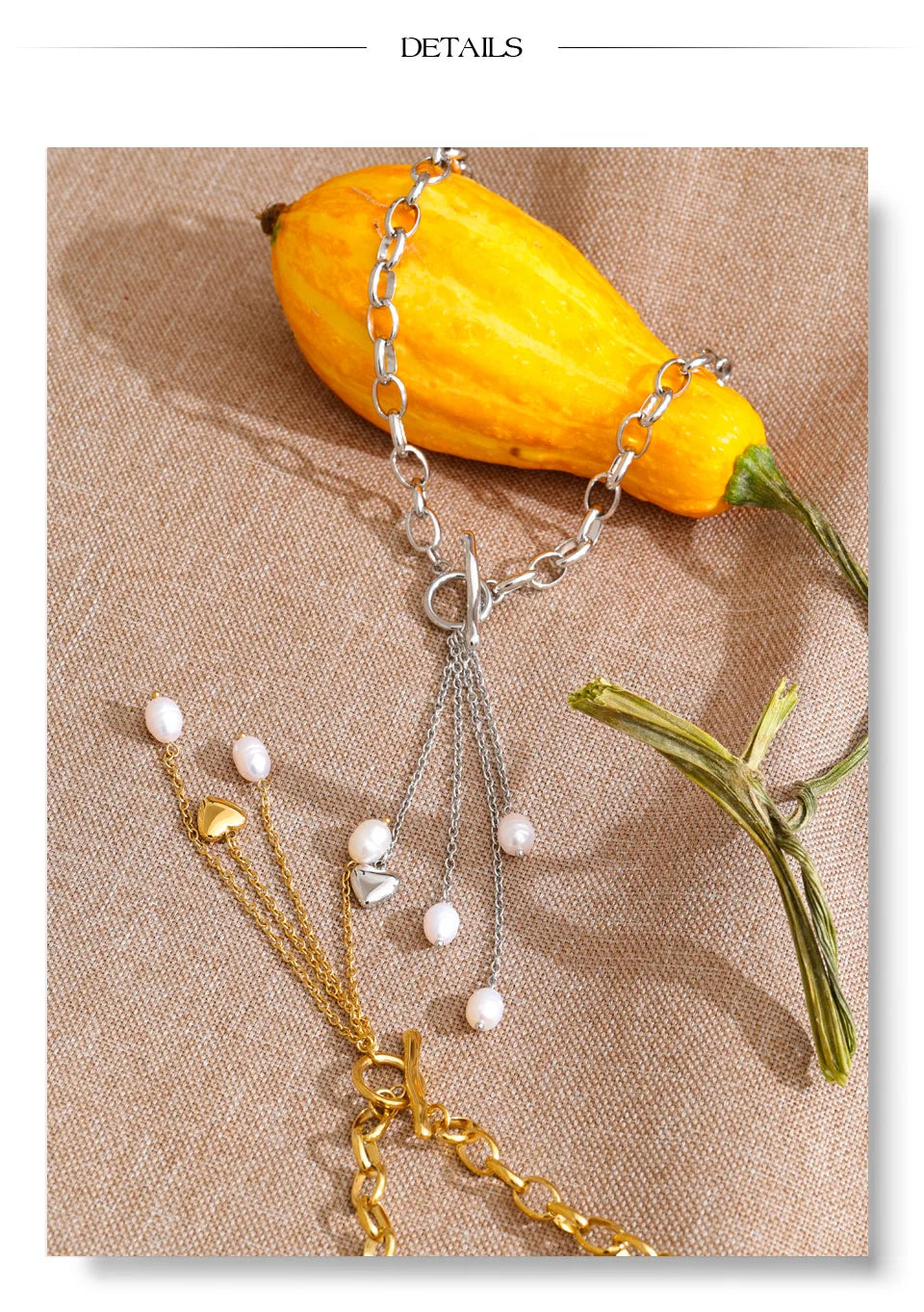 Freshwater pearl heart chain necklace in gold-plated stainless steel with freshwater pearl.