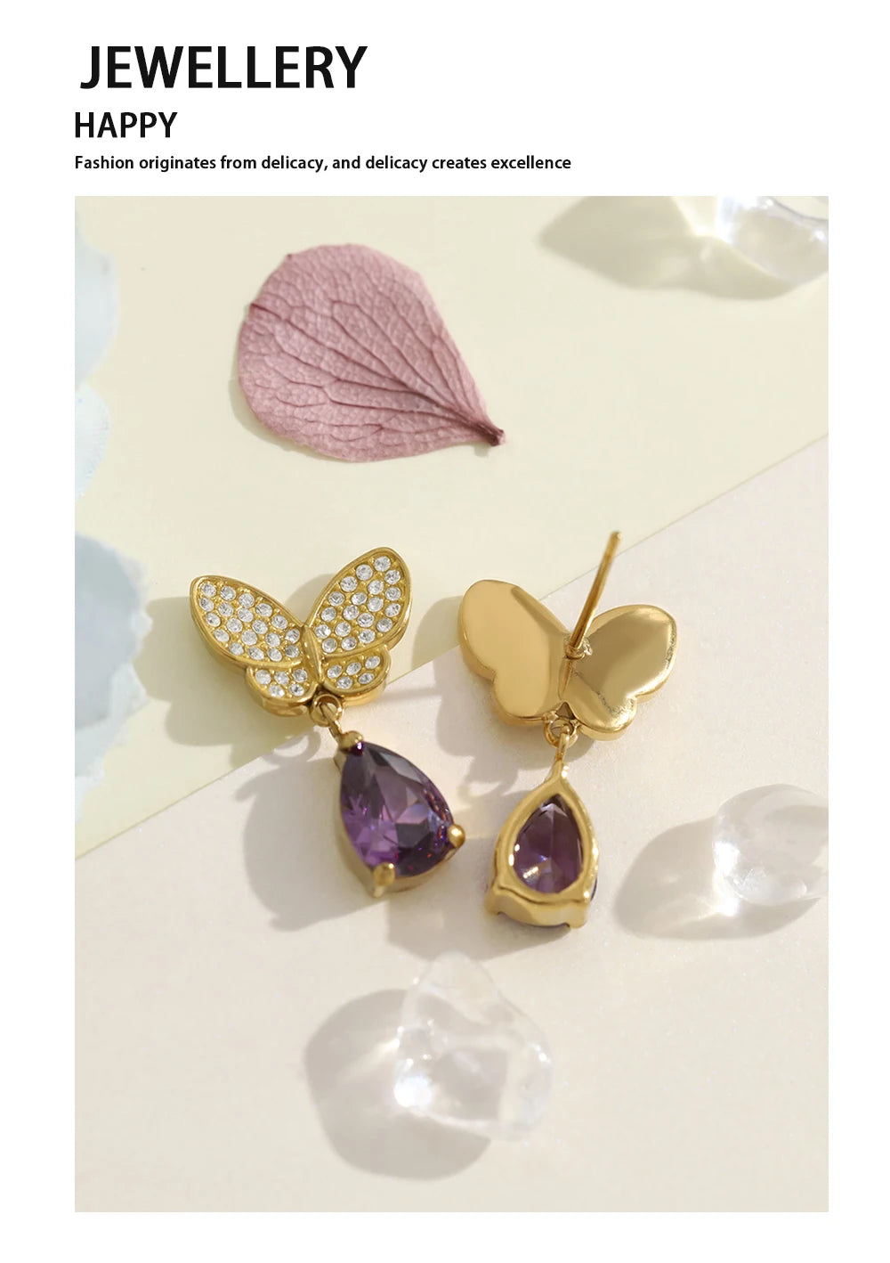 Purple Zircon Crystal Earrings — 316L Stainless Steel · PS481