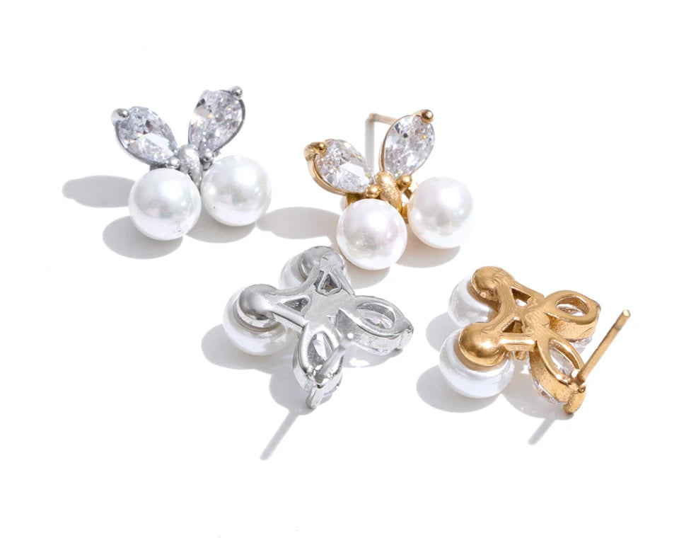 Cubic Zirconia Pearl Butterfly Earrings — Gold-Plated Stainless Steel with Pearl and Cubic Zirconia · PS1342