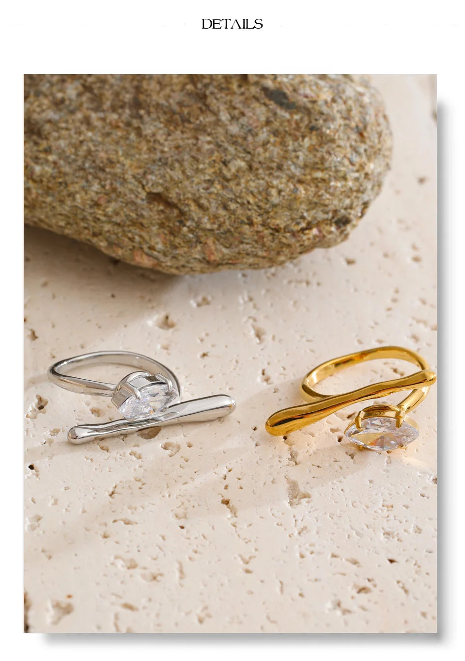 Cubic zirconia geometric ring in 18K gold-plated stainless steel with cubic zirconia.