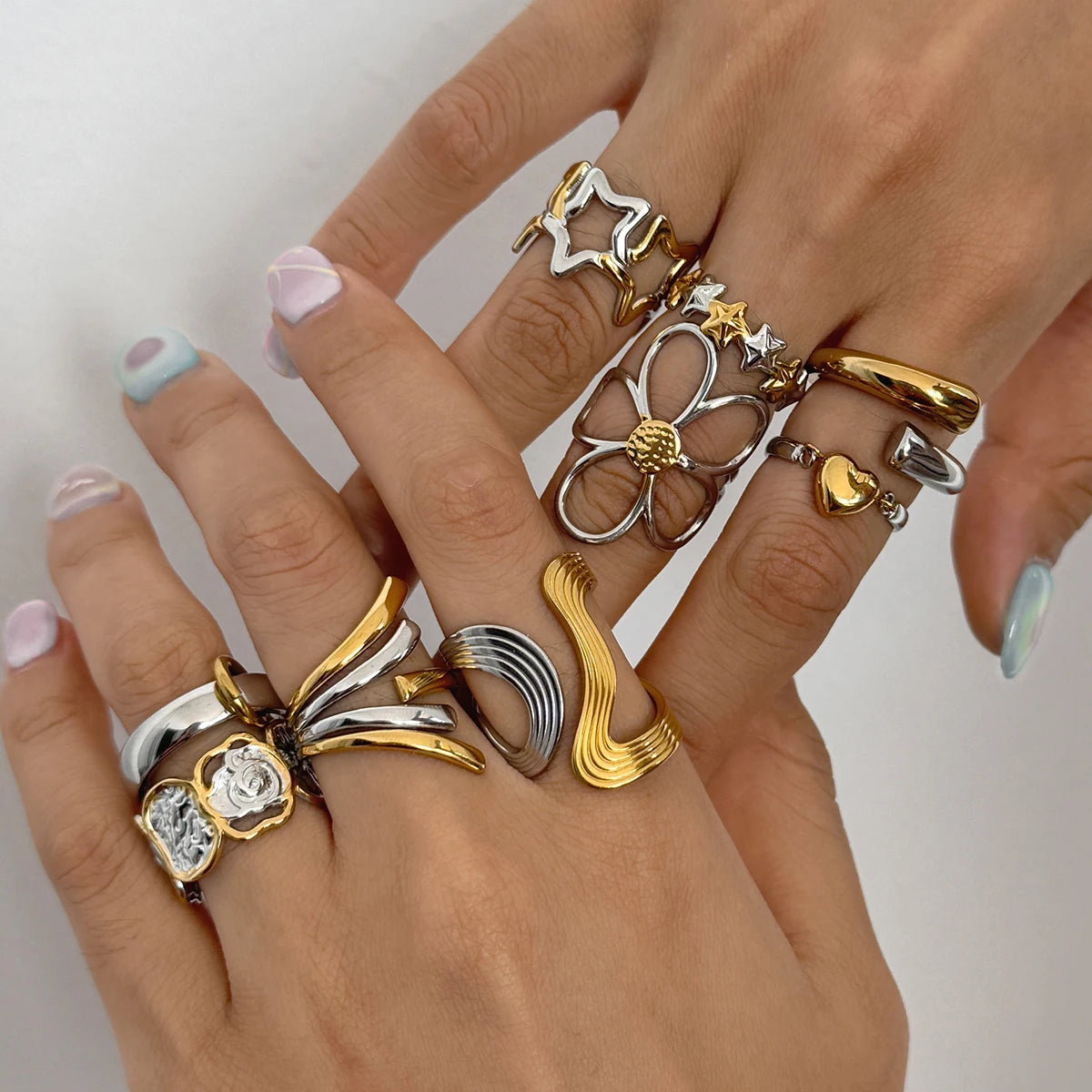Floral Ring Stack — Stainless Steel · PS230