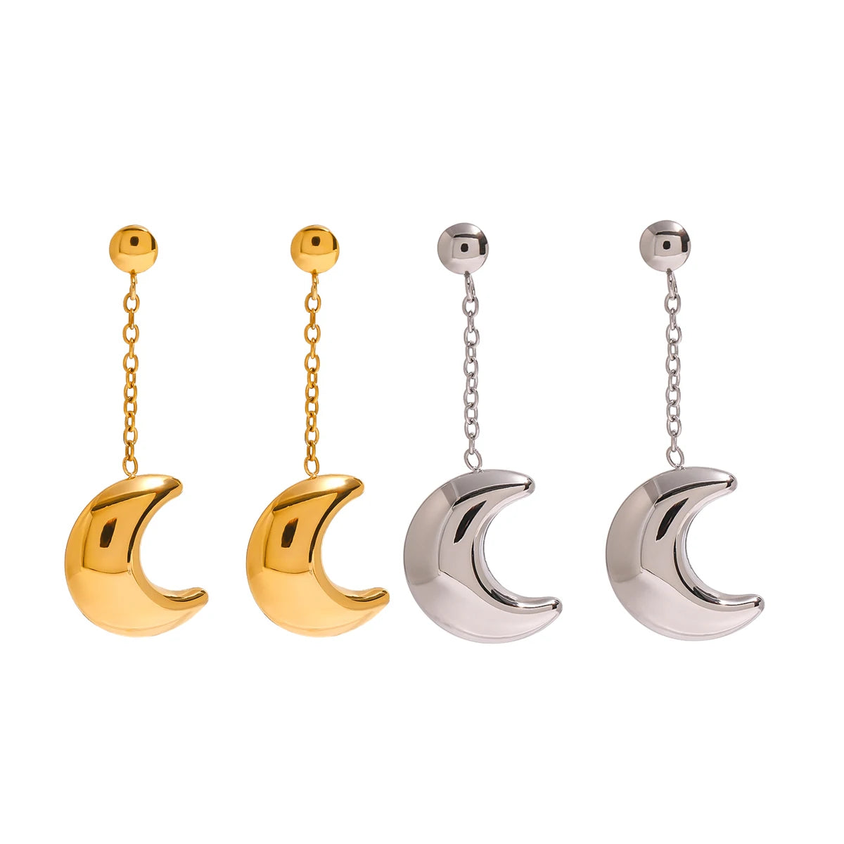 Crescent Moon Chain Earrings — Stainless Steel · PS075