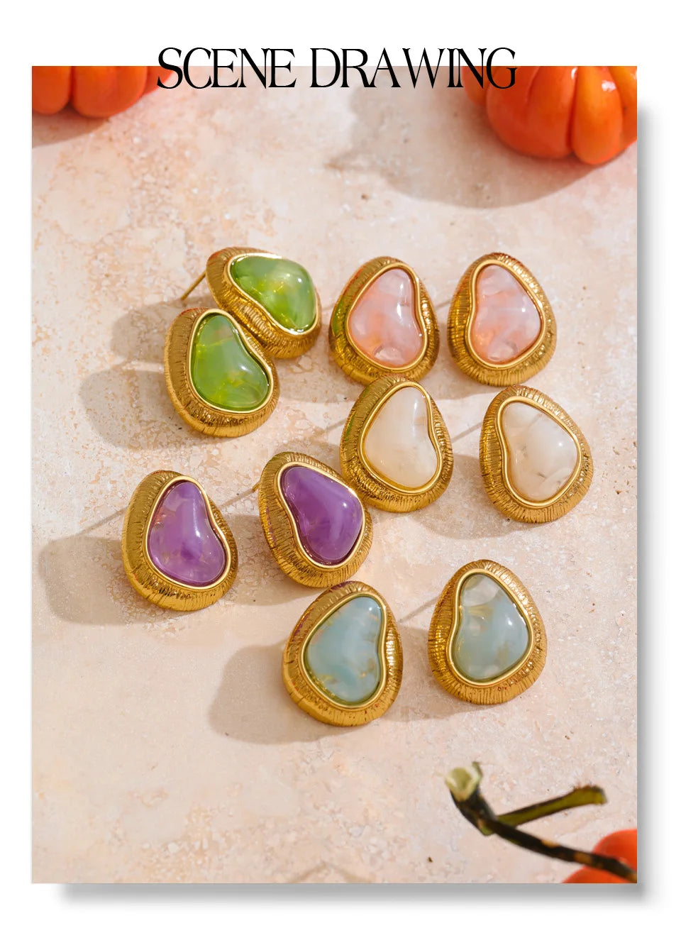 Resin acrylic heart earrings in gold-plated stainless steel with resin and acrylic.