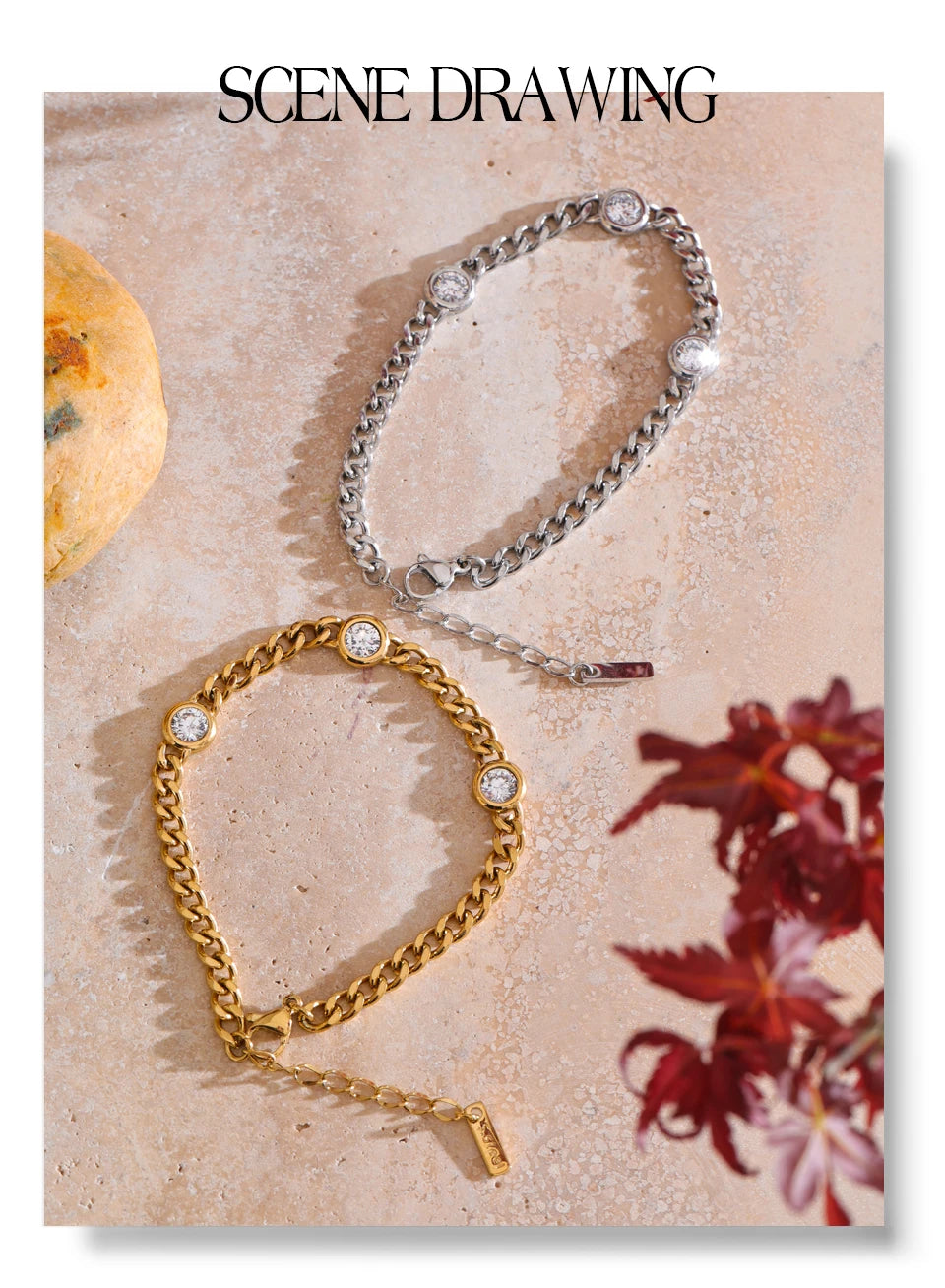 Cubic zirconia geometric chain necklace in gold-plated stainless steel with cubic zirconia.