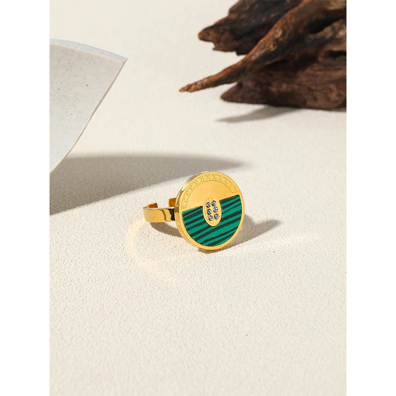 Geometric Ring Shell Malachite Zircon — 316L Stainless Steel · PS464