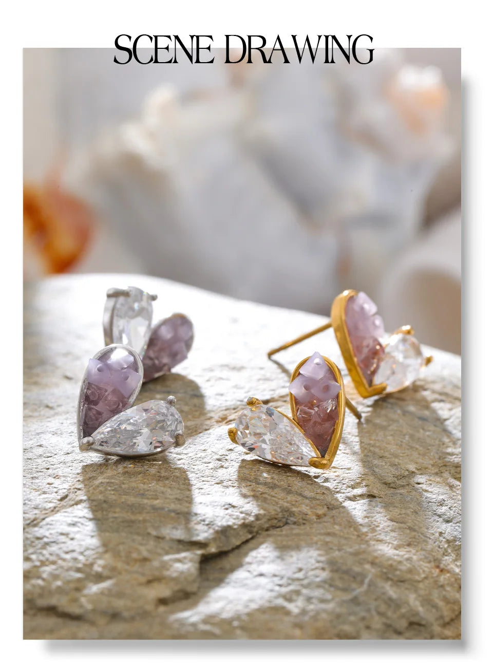 Cubic zirconia resin heart earrings in gold-plated stainless steel with cubic zirconia and resin.