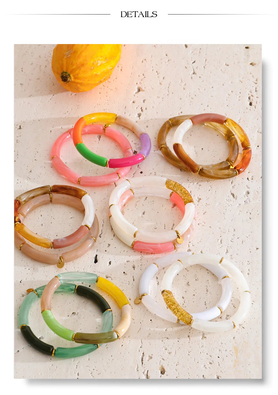 Resin acrylic geometric bracelet in gold-plated stainless steel with resin and acrylic.
