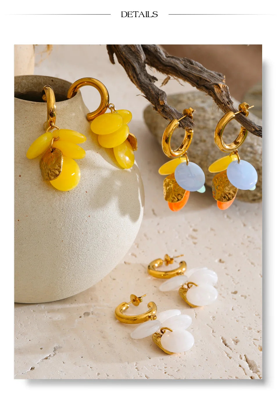 Resin acrylic multi-color earrings in gold-plated stainless steel with resin and acrylic.