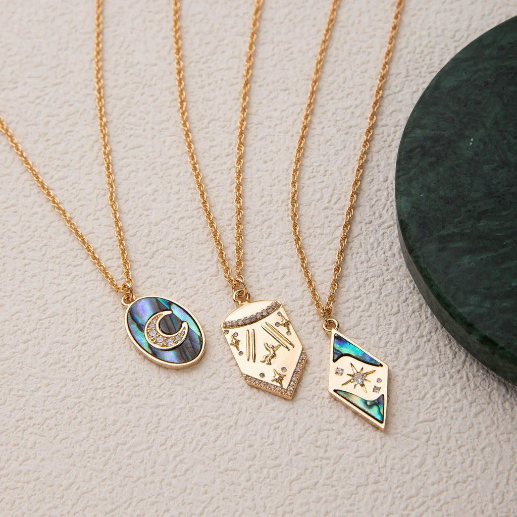 18K Gold Plated Astrology Pendant Necklace for Women, Abalone Shell Moon Star Amulet Jewelry, Boho Mystic Vintage Gift