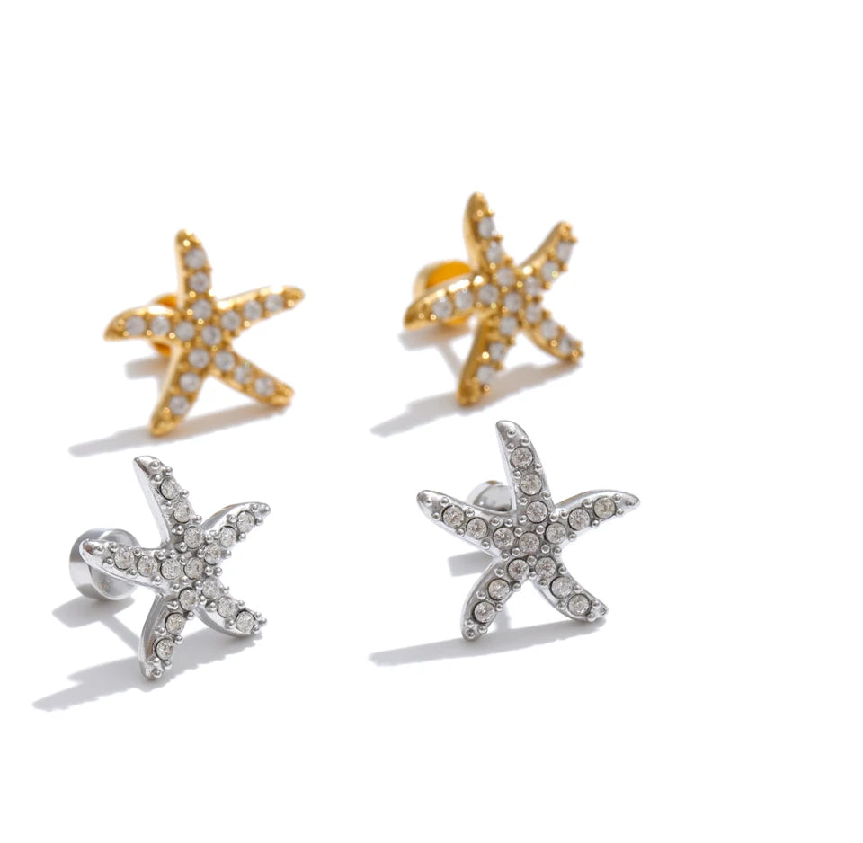Cubic Zirconia Star Earrings — Gold-Plated Stainless Steel with Cubic Zirconia · PS1525