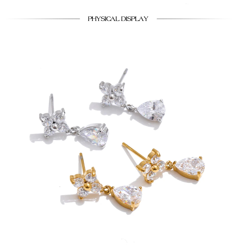 Cubic Zirconia Flower Earrings — Gold-Plated Stainless Steel with Cubic Zirconia · PS1166