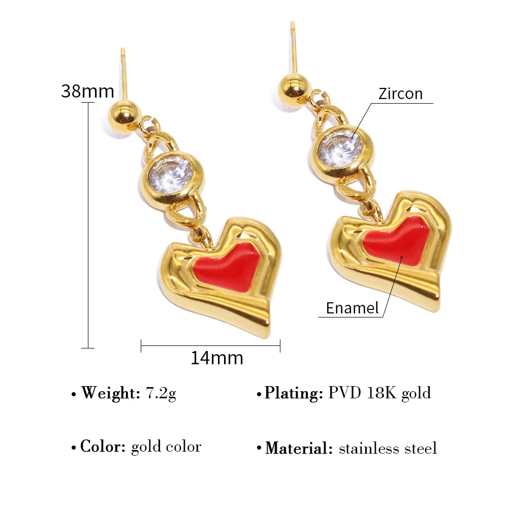 Drop Piercing Earrings Zircon Crystal Red Enamel — 316L Stainless Steel · PS425