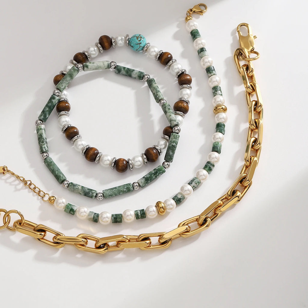 Green Bead Chain Bracelet Stack — Stainless Steel · PS016