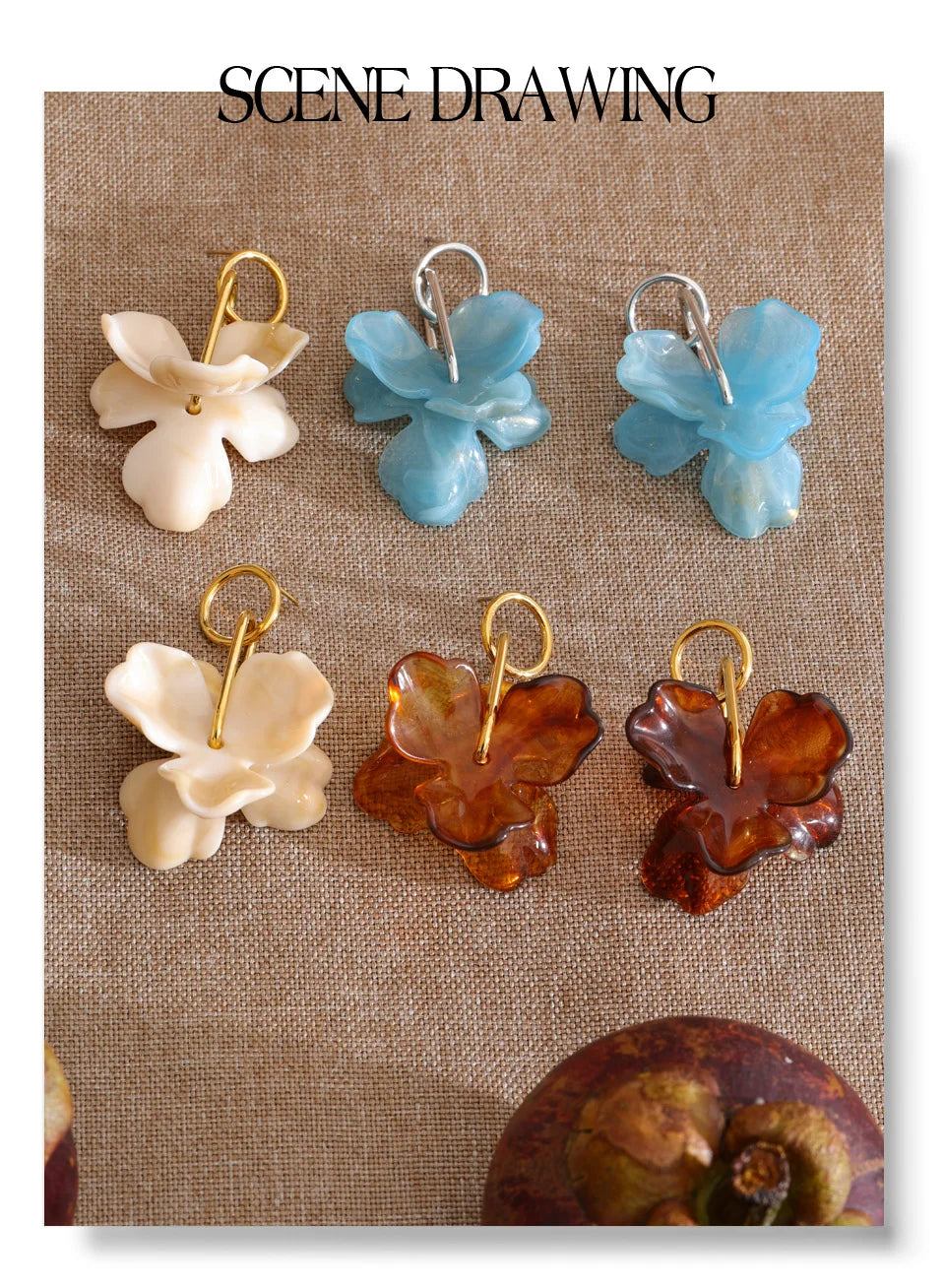 Resin flower earrings in gold-plated stainless steel with resin.