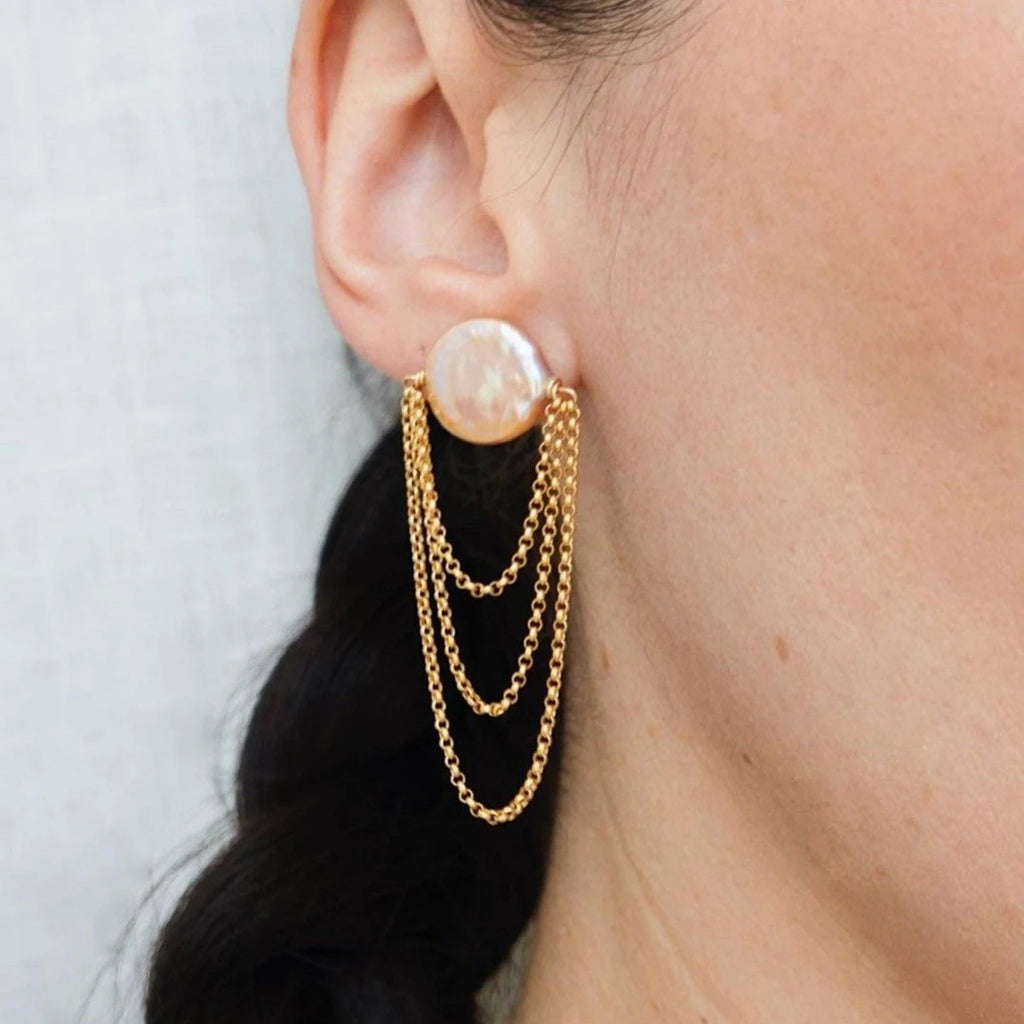 Pearl Chain Ear Cuff Earrings — Stainless Steel · PS084