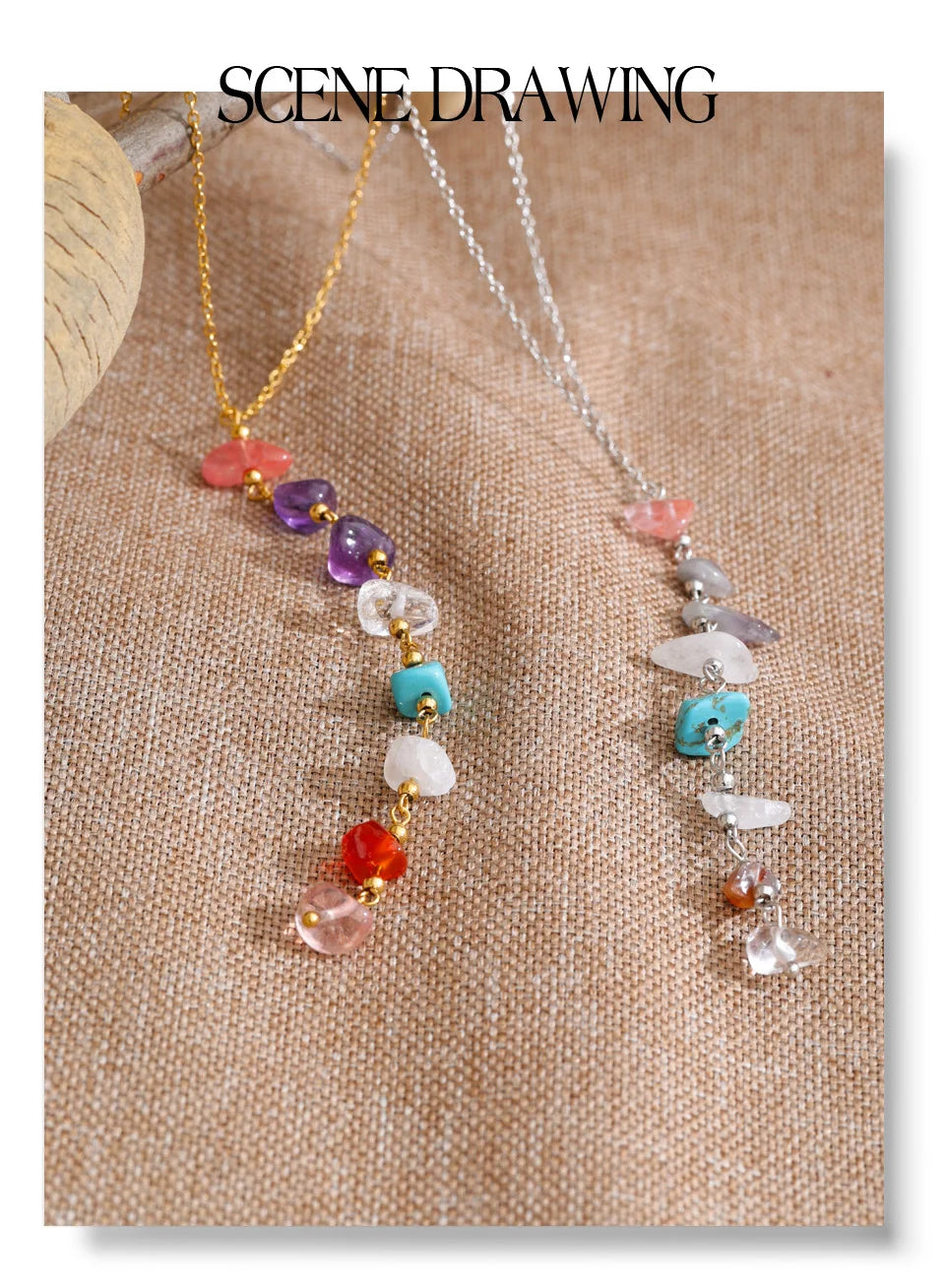 Resin natural stone multi-color necklace in gold-plated stainless steel with natural stone and resin.